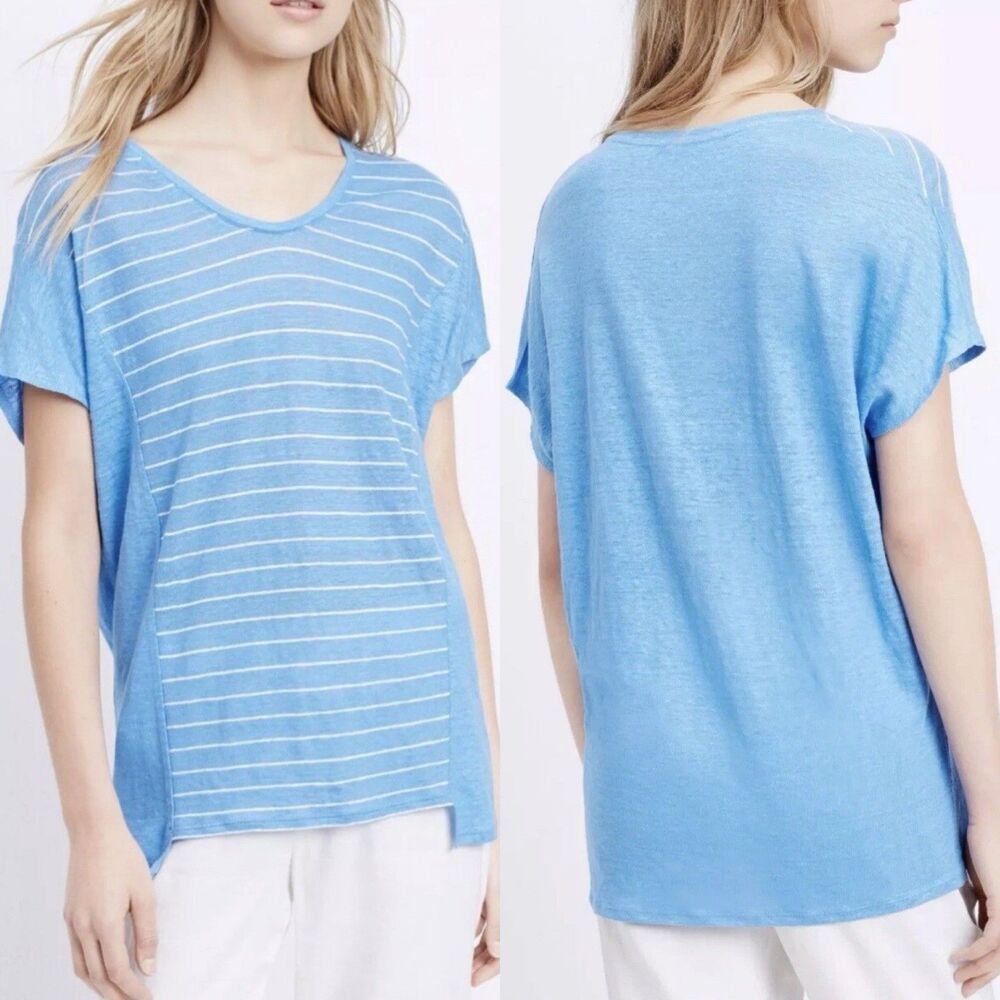 Vince Linen Blouse Top Tee Blue Coastal Grandmother Nautical Beachy Xs Relaxed